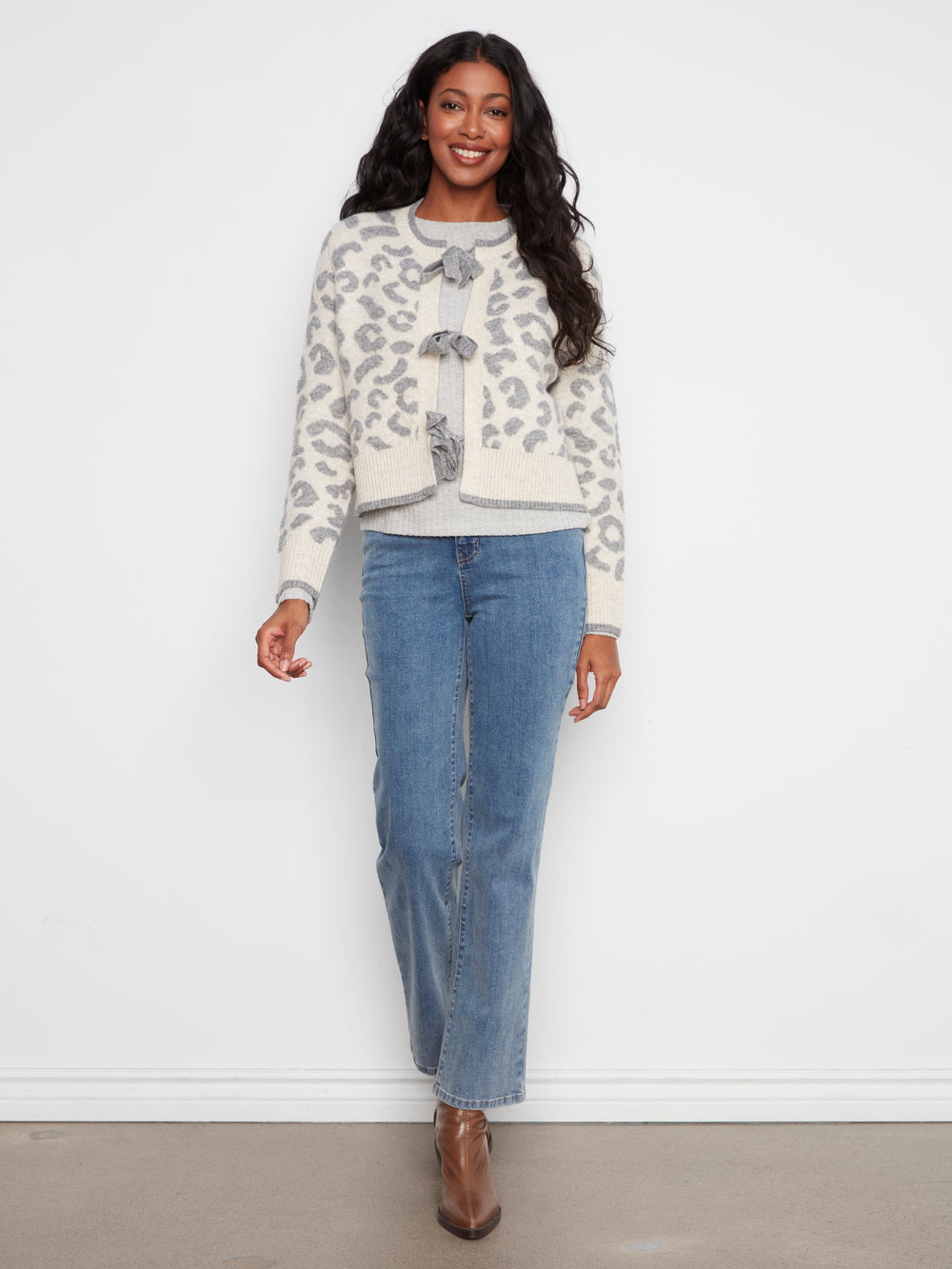 Charlie B  Bow Tie Front Jacquard Cardigan - Leopard Grey