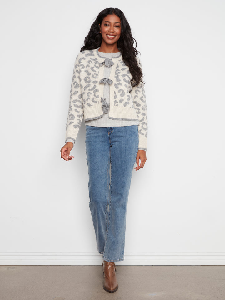 Charlie B  Bow Tie Front Jacquard Cardigan - Leopard Grey