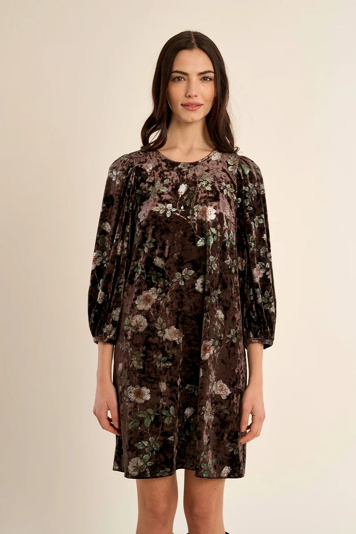 A woman modeling a dark brown velvet dress with a muted floral pattern in pink, green, and beige, set against a plain beige studio background.