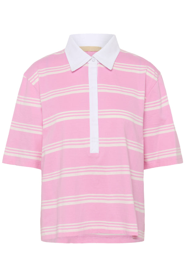 Pink and white striped polo shirt on a white background