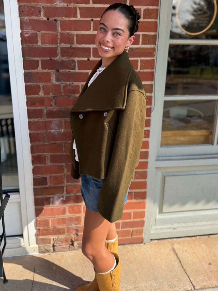 Short Jacket with Oversized Collar - Dk Olive