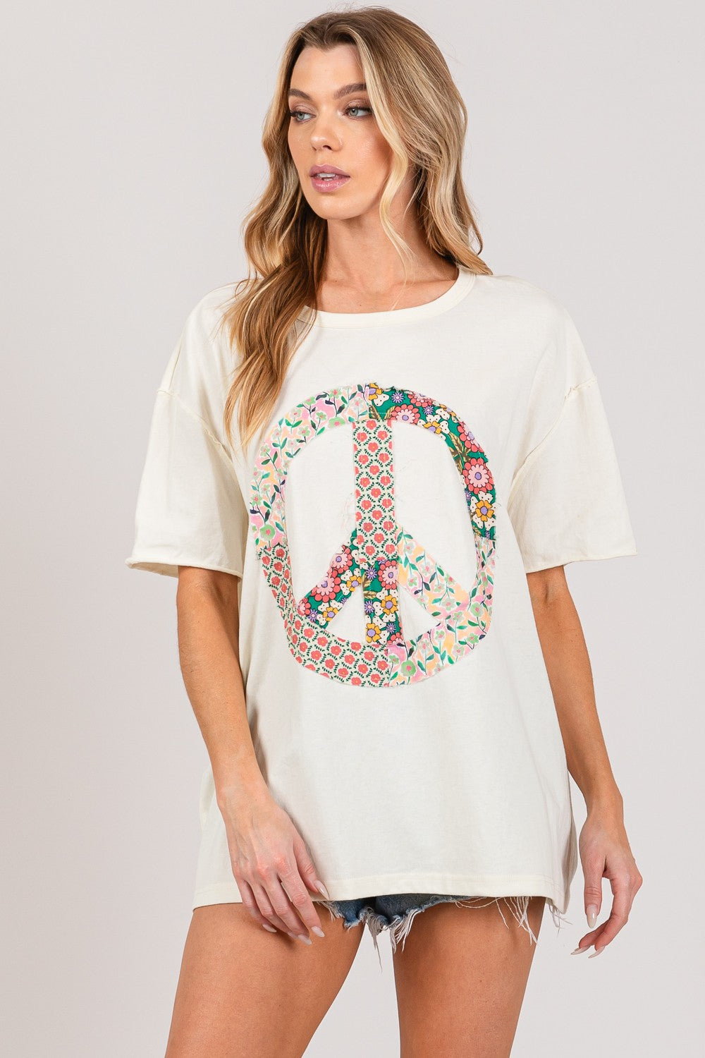 Peace Sign Floral Applique T-Shirt - Cream