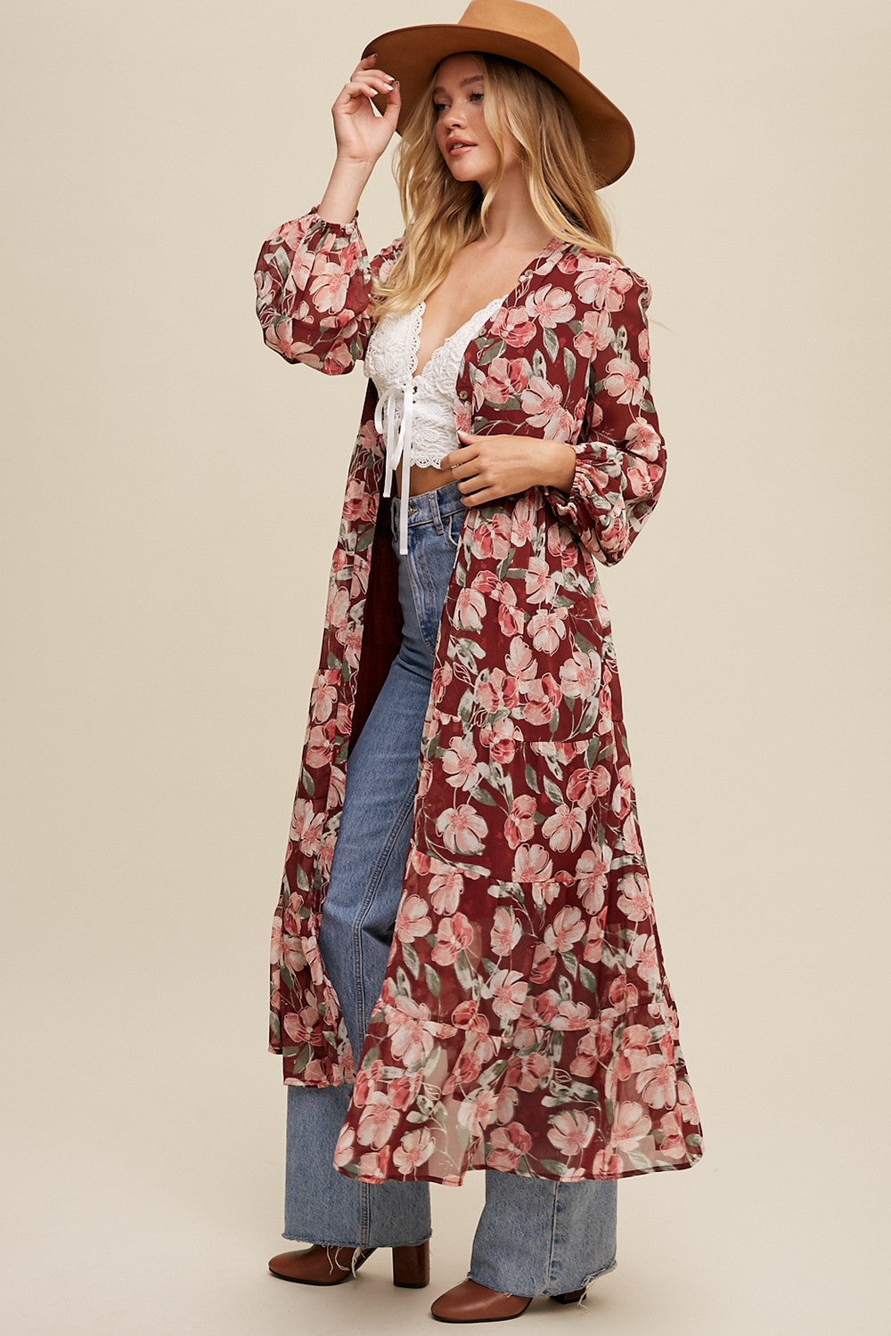 Floral Print Button Down Maxi Dress/Kimono - Magenta