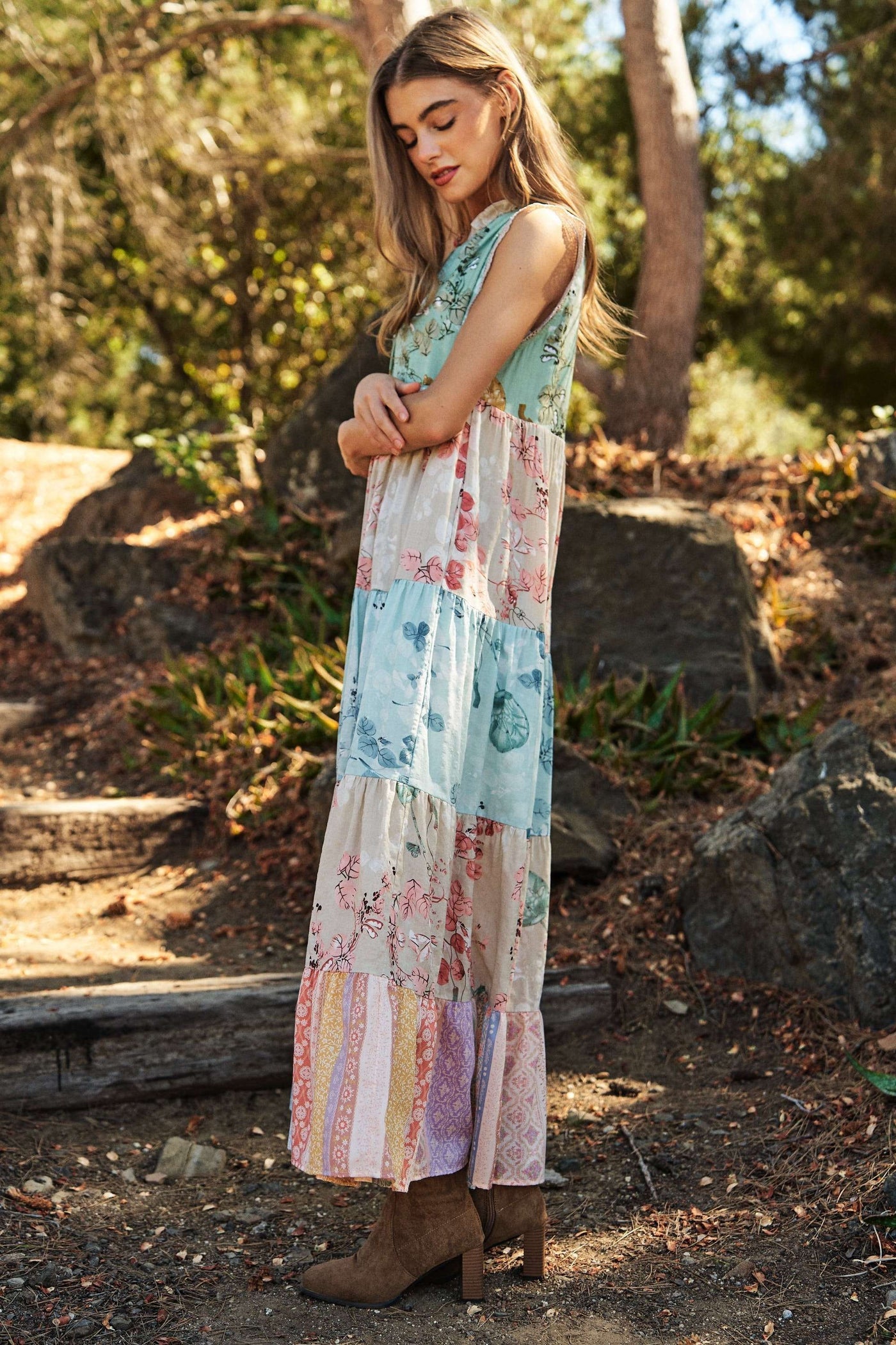 Floral Mixed Block Lace Edge Detail Maxi Dress - Sage Multi