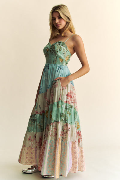 Floral Mix Matched Tiered Maxi Dress - Sage Multi