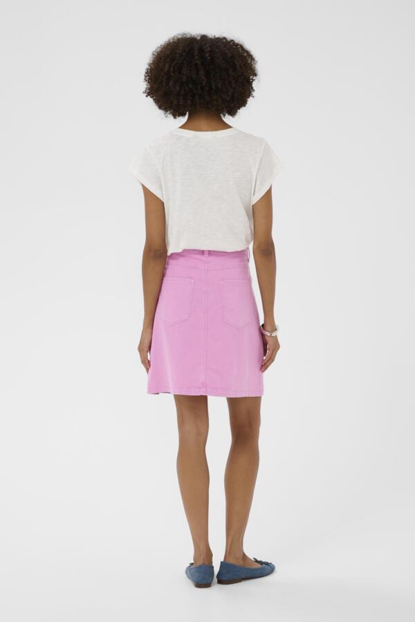 Person wearing a white top and pink skirt on a white background