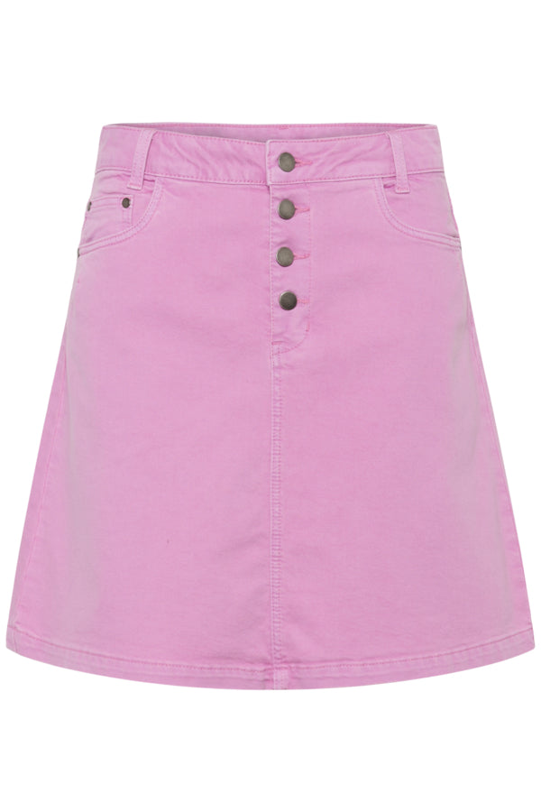 Pink denim skirt with button details on a white background