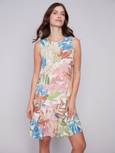 Sleeveless Printed Dress with Tiered Ruffles - Island