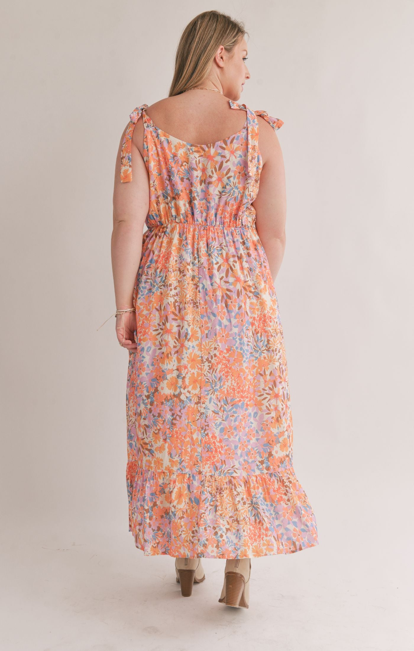 PLUS Moonscapes Tiered Midi Dress with Tie Straps - Multi Color