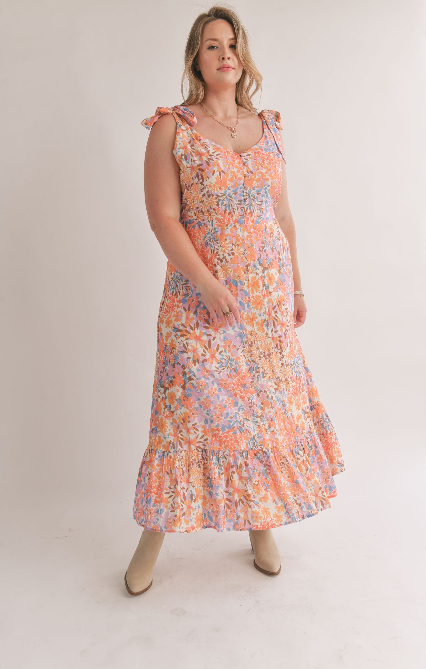 PLUS Moonscapes Tiered Midi Dress with Tie Straps - Multi Color