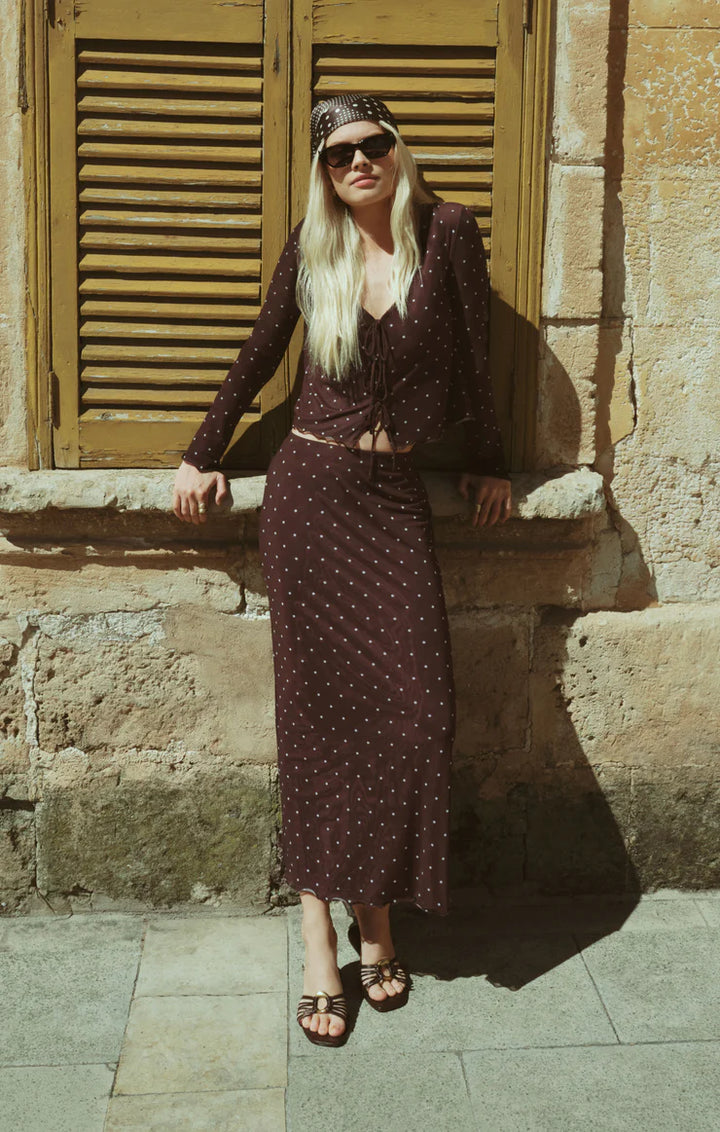 Eda Polka Dot Mesh Midi Skirt - Dark Chocolate