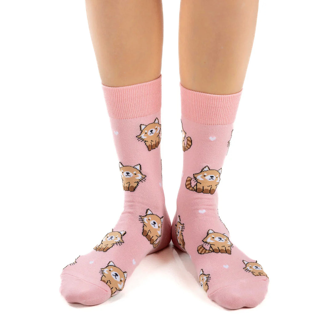 Pink socks with cat designs worn by a person on a white background
