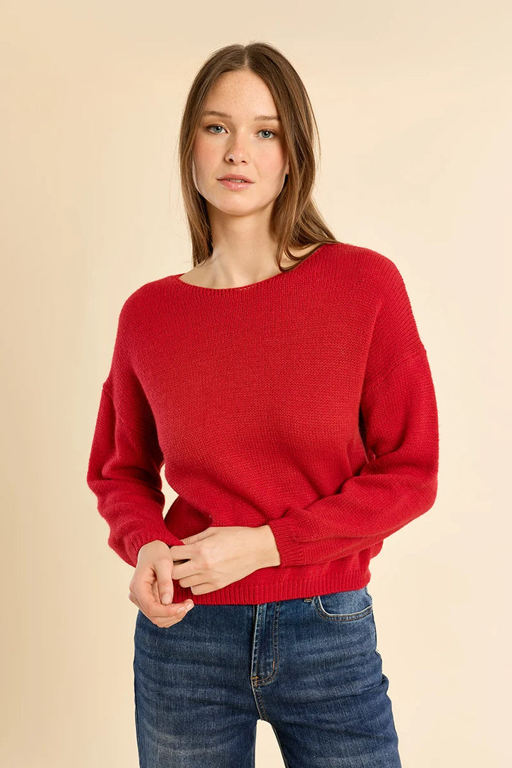 Plain knit sweater, round neck - Red