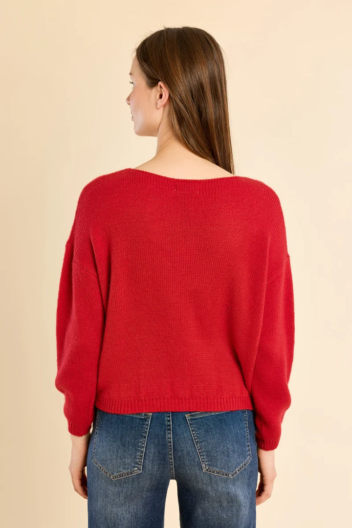 Plain knit sweater, round neck - Red