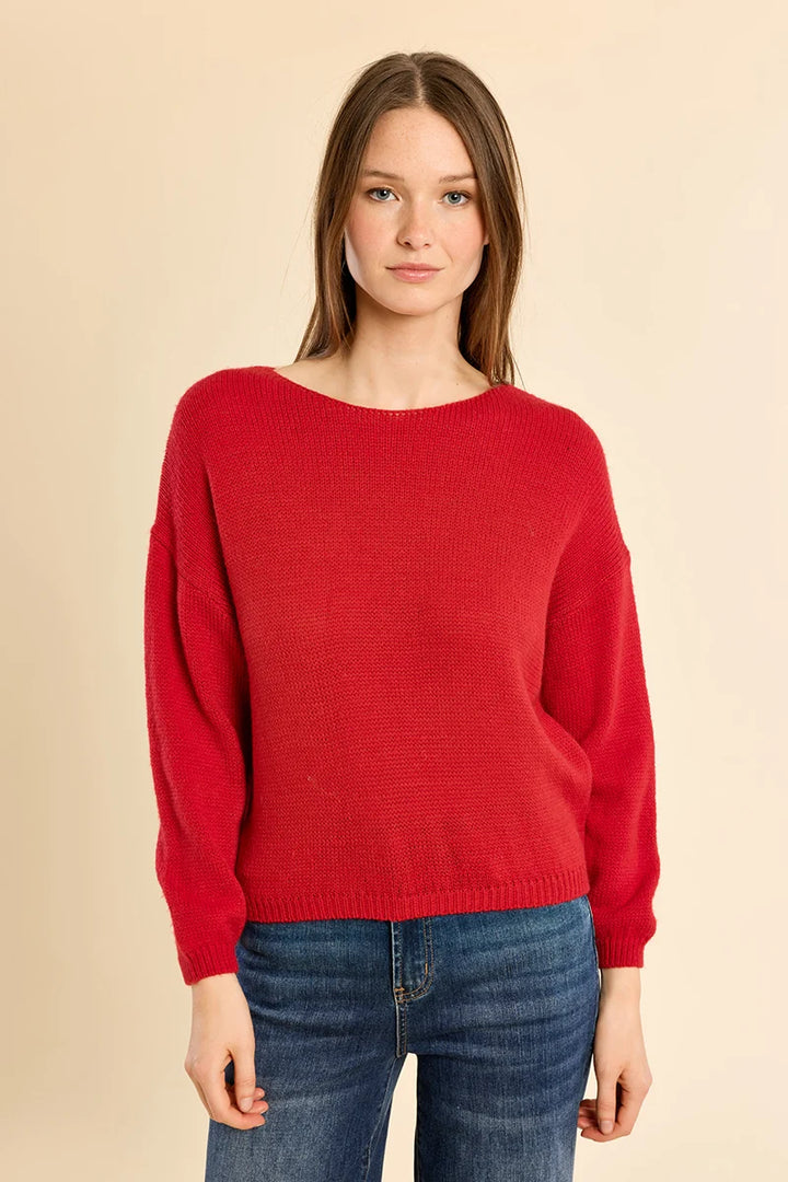 Plain knit sweater, round neck - Red