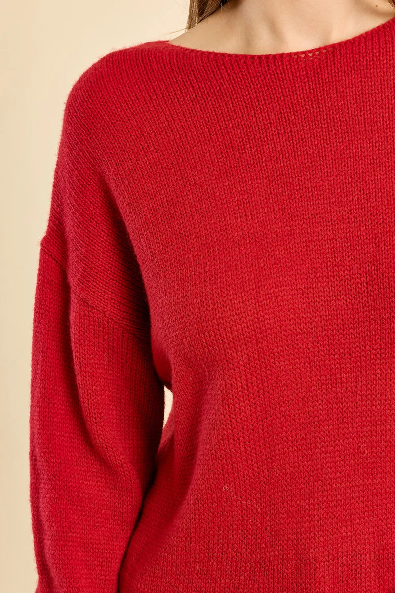 Plain knit sweater, round neck - Red