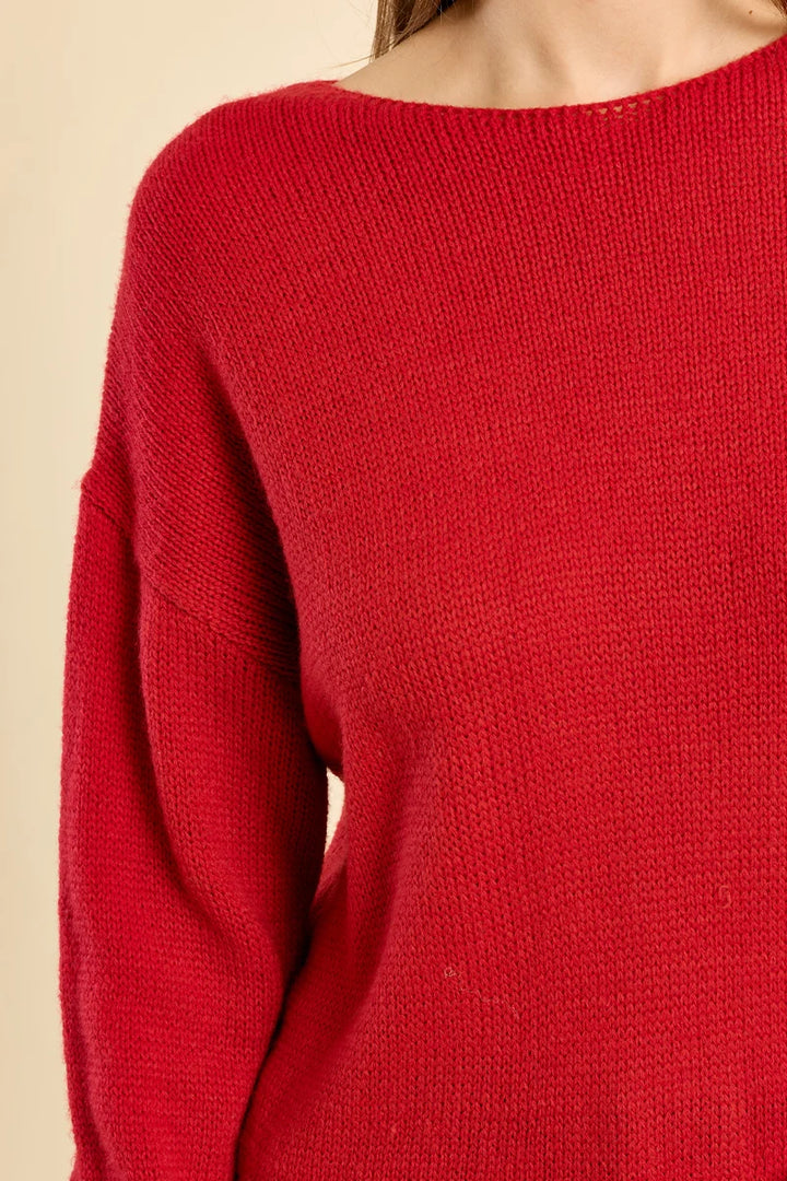 Plain knit sweater, round neck - Red