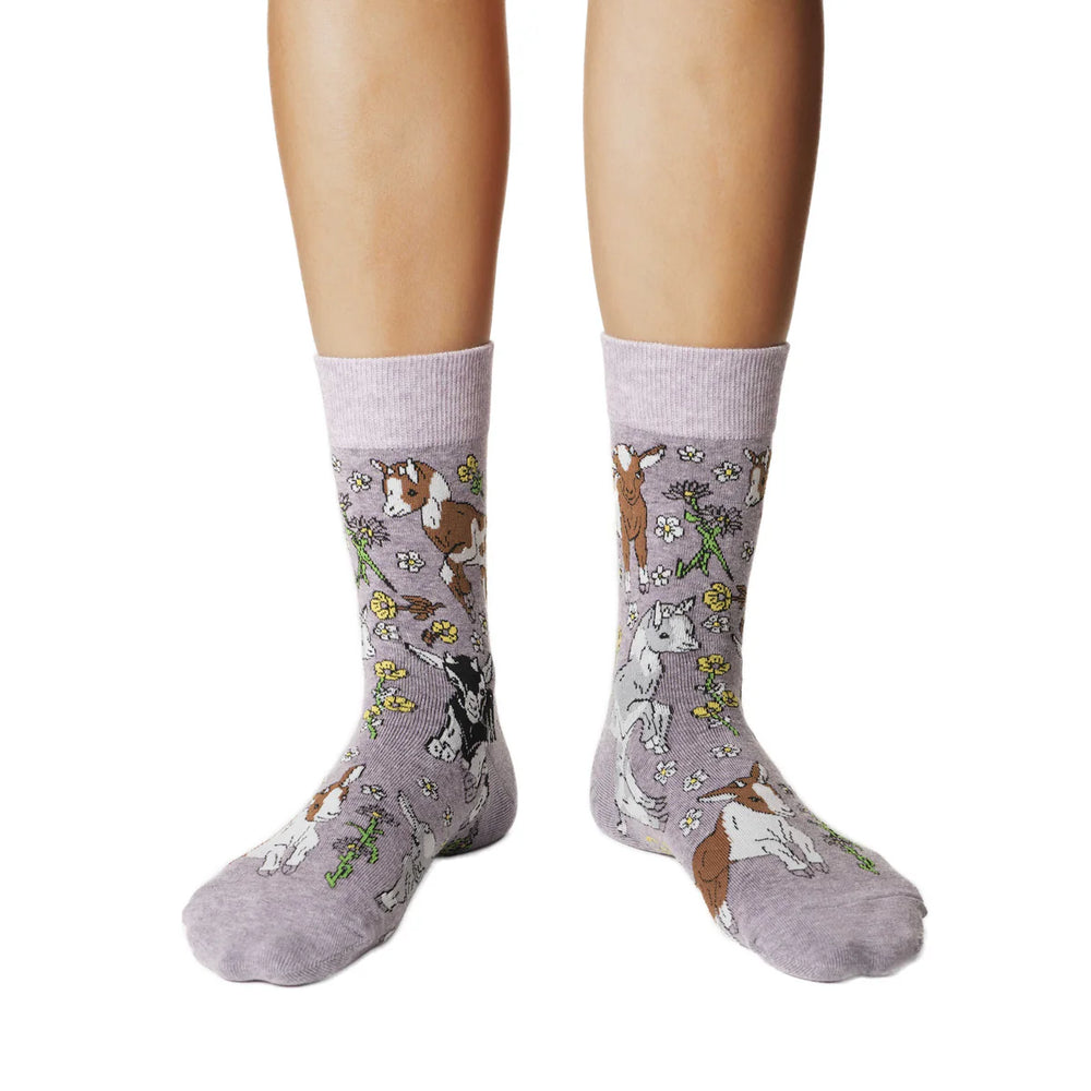 Gray socks with dog pattern worn by a person on a white background