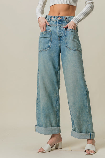 Vintage Washed Patch Pockets Denim Pants - Denim