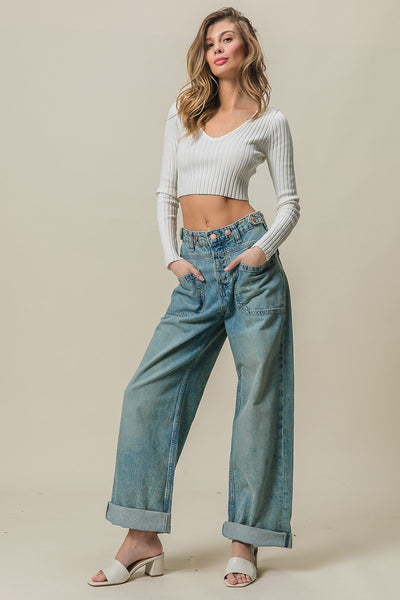 Vintage Washed Patch Pockets Denim Pants - Denim