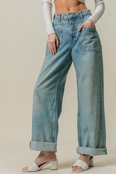 Vintage Washed Patch Pockets Denim Pants - Denim