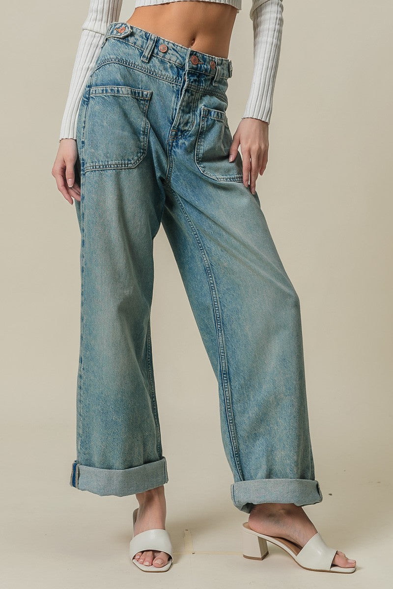 Vintage Washed Patch Pockets Denim Pants - Denim