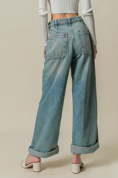 Vintage Washed Patch Pockets Denim Pants - Denim