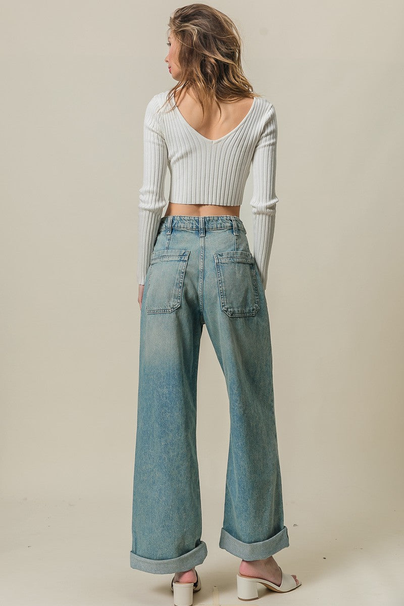 Vintage Washed Patch Pockets Denim Pants - Denim