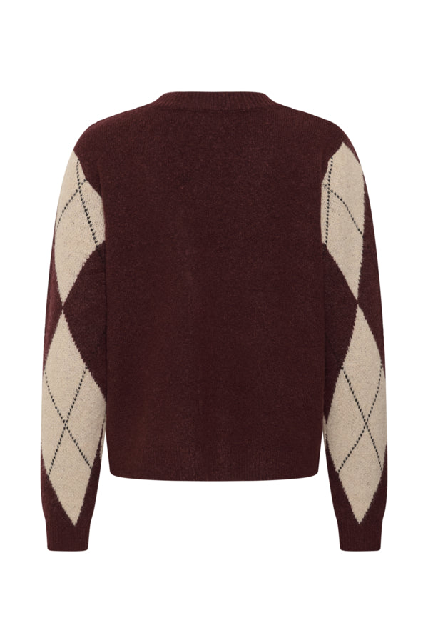 A cropped knit sweater shown from the back, featuring a deep burgundy body with cream argyle diamond patterns on the sleeves.