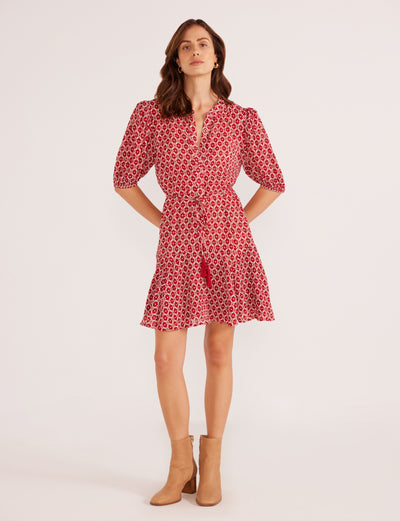 Annie Puff Sleeve Mini Dress - Red Geo