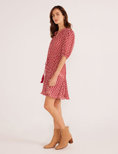 Annie Puff Sleeve Mini Dress - Red Geo