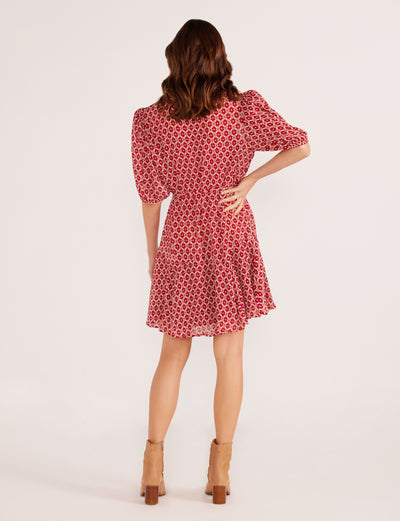 Annie Puff Sleeve Mini Dress - Red Geo