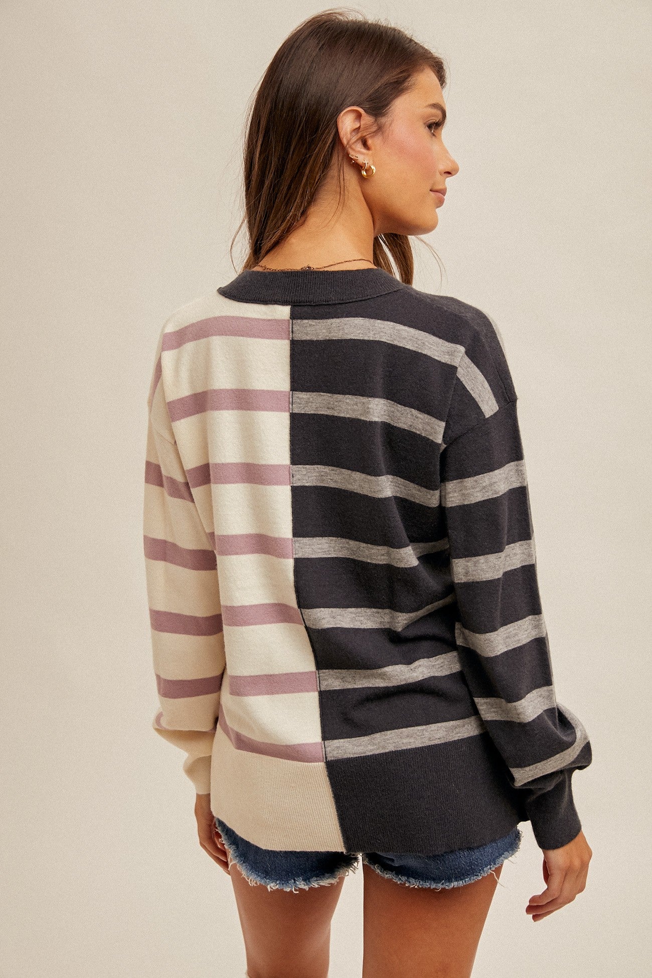 Stripe Dolman Sleeve Color Block Sweater Top - Orchid Purple-Slate