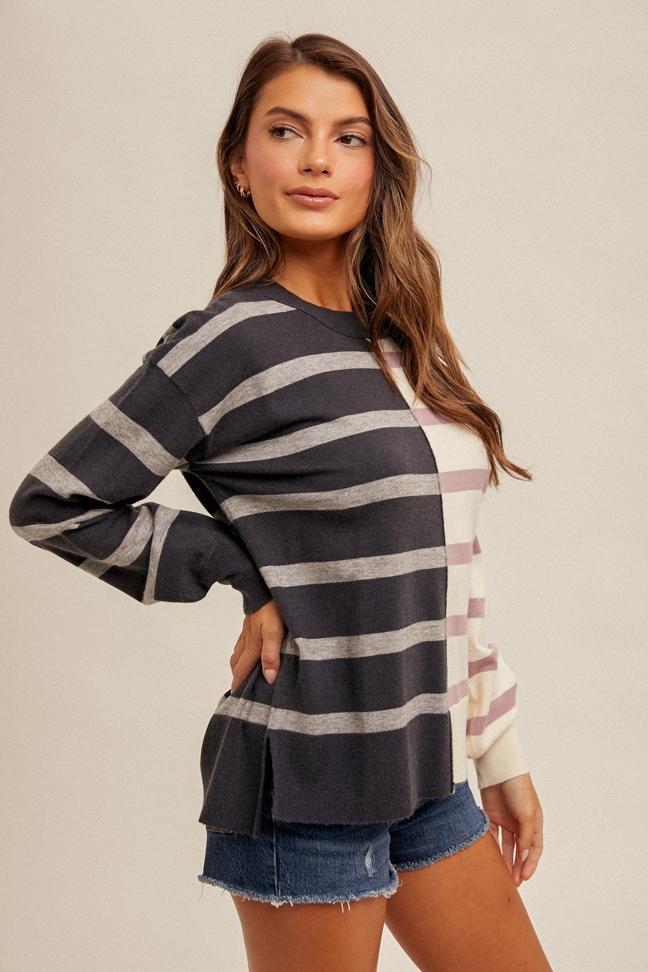 Stripe Dolman Sleeve Color Block Sweater Top - Orchid Purple-Slate