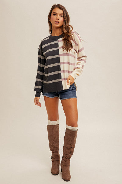 Stripe Dolman Sleeve Color Block Sweater Top - Orchid Purple-Slate