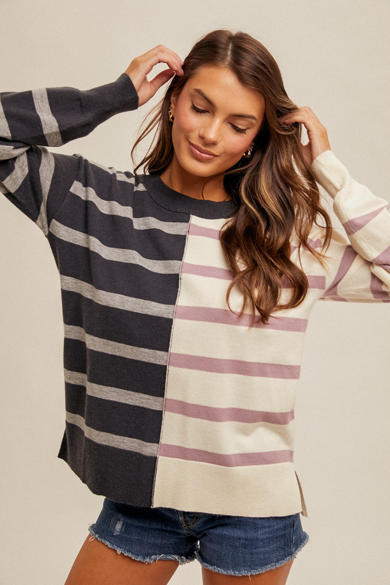 Stripe Dolman Sleeve Color Block Sweater Top - Orchid Purple-Slate