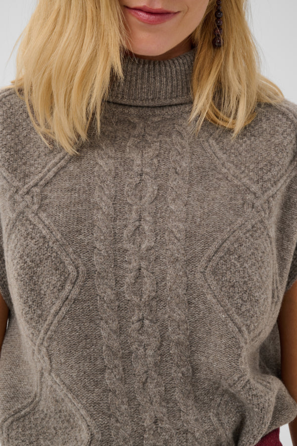 Close-up of a woman wearing a taupe cable-knit mock neck sweater, showing the detailed knit texture and blonde hair.