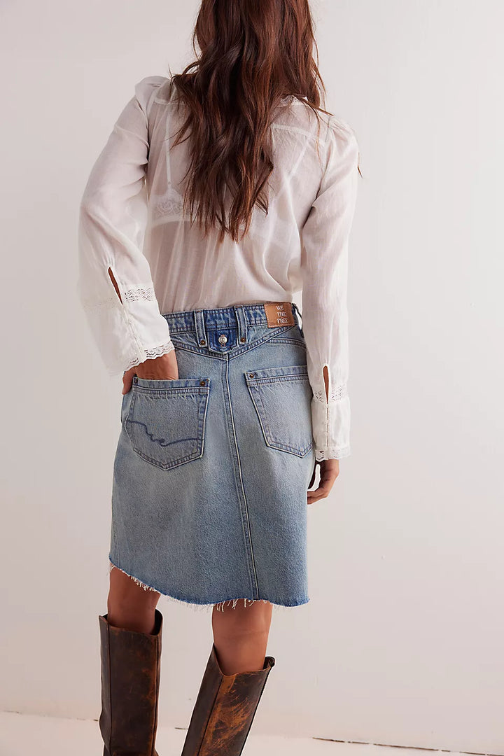RESTOCKED! Suzy Denim Midi Skirt - Sun Stoned Blue