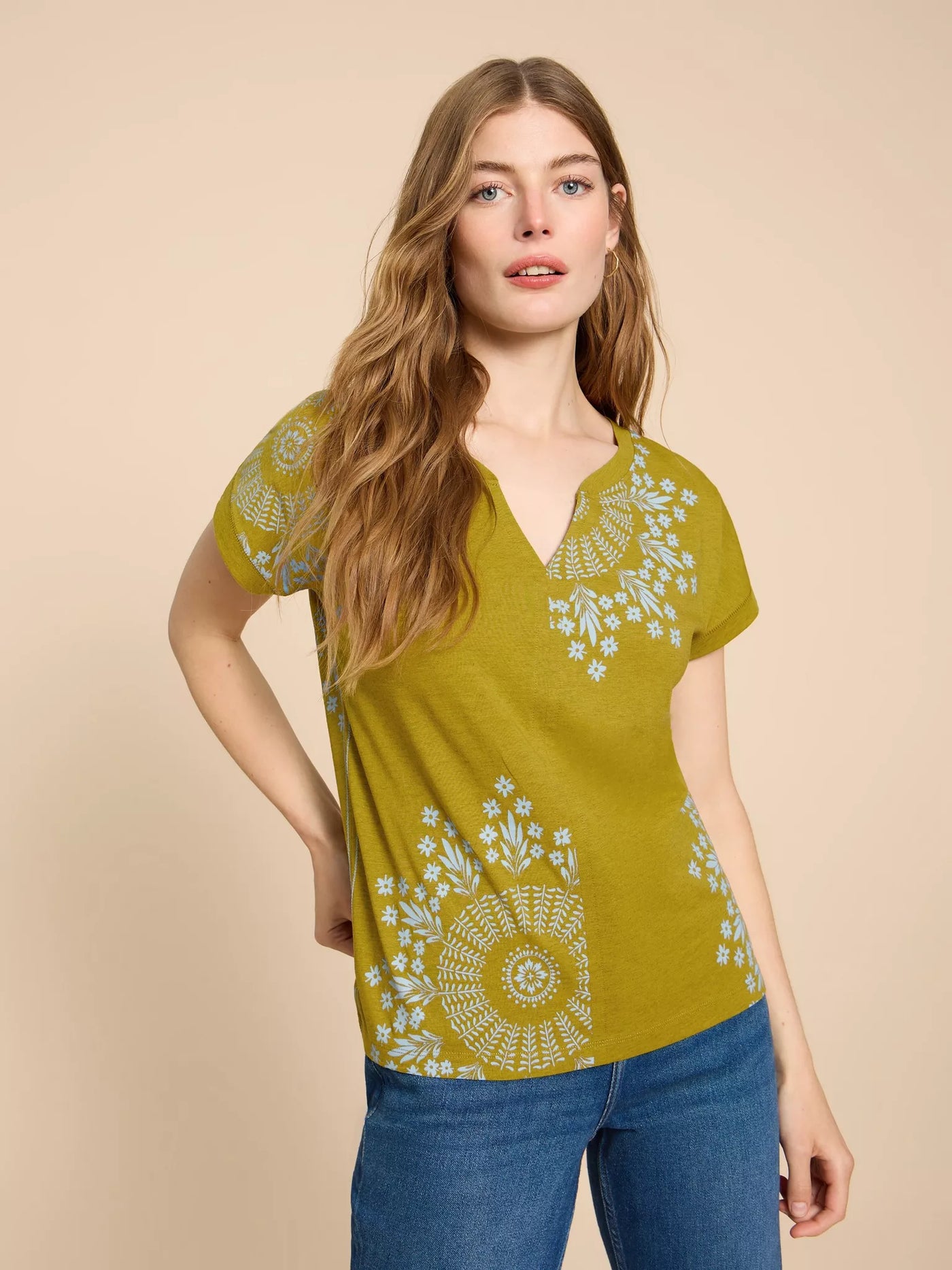 Nelly Notch Neck Tee - Chartreuse Print