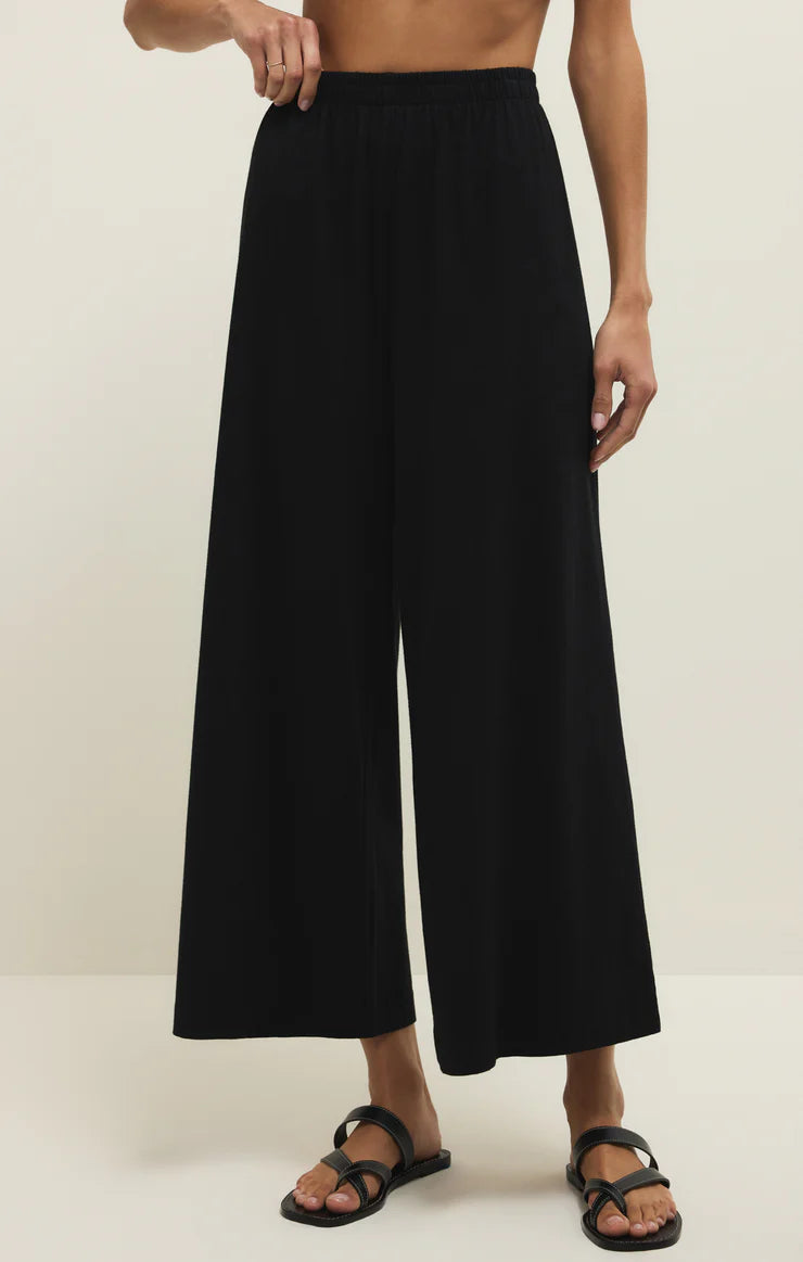 Person wearing black wide-leg pants on a plain background