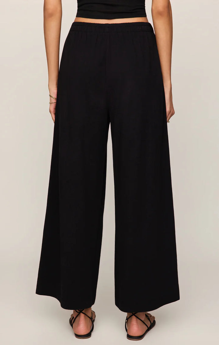 Person wearing black wide-leg pants on a plain background