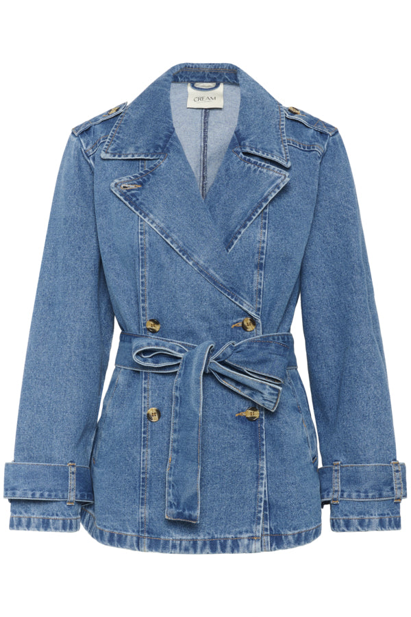 Blue denim jacket with a belt on a white background