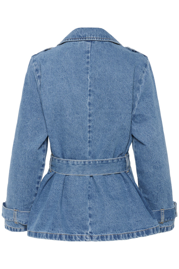 Blue denim jacket with a belt on a white background