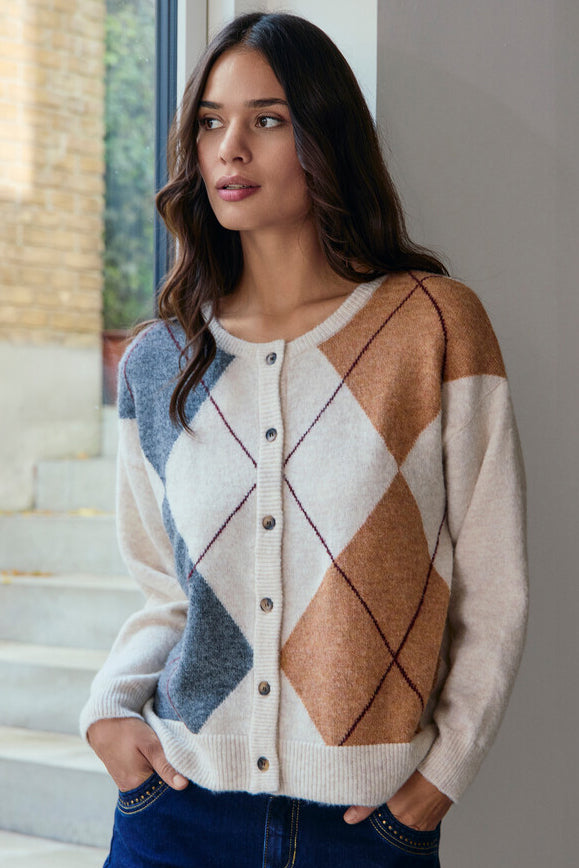 Argyle Cardigan - Cream, Grey &amp; Brown