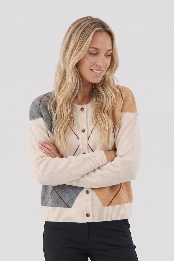 Argyle Cardigan - Cream, Grey &amp; Brown
