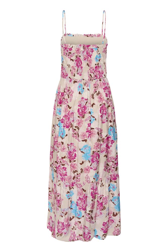 Floral dress with pink and blue flowers on a white background
