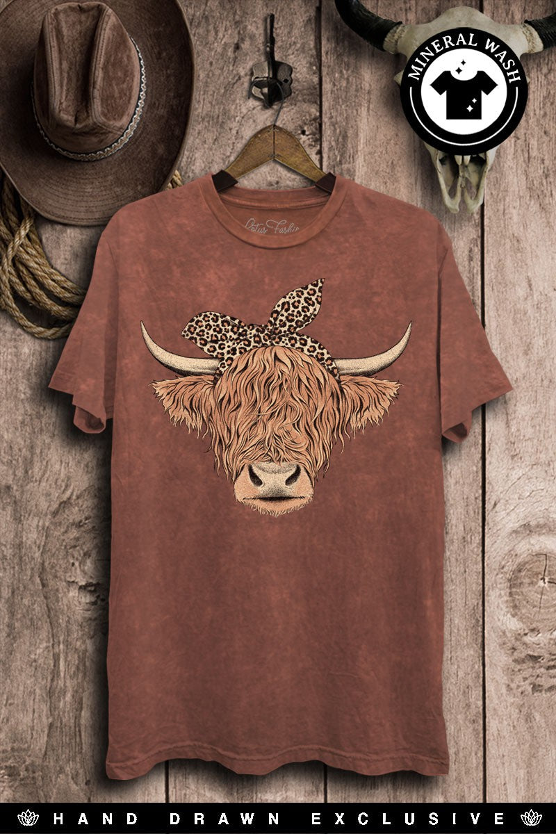 Free hand-drawn "Highland Cow" Mineral Washed B.F. Tee