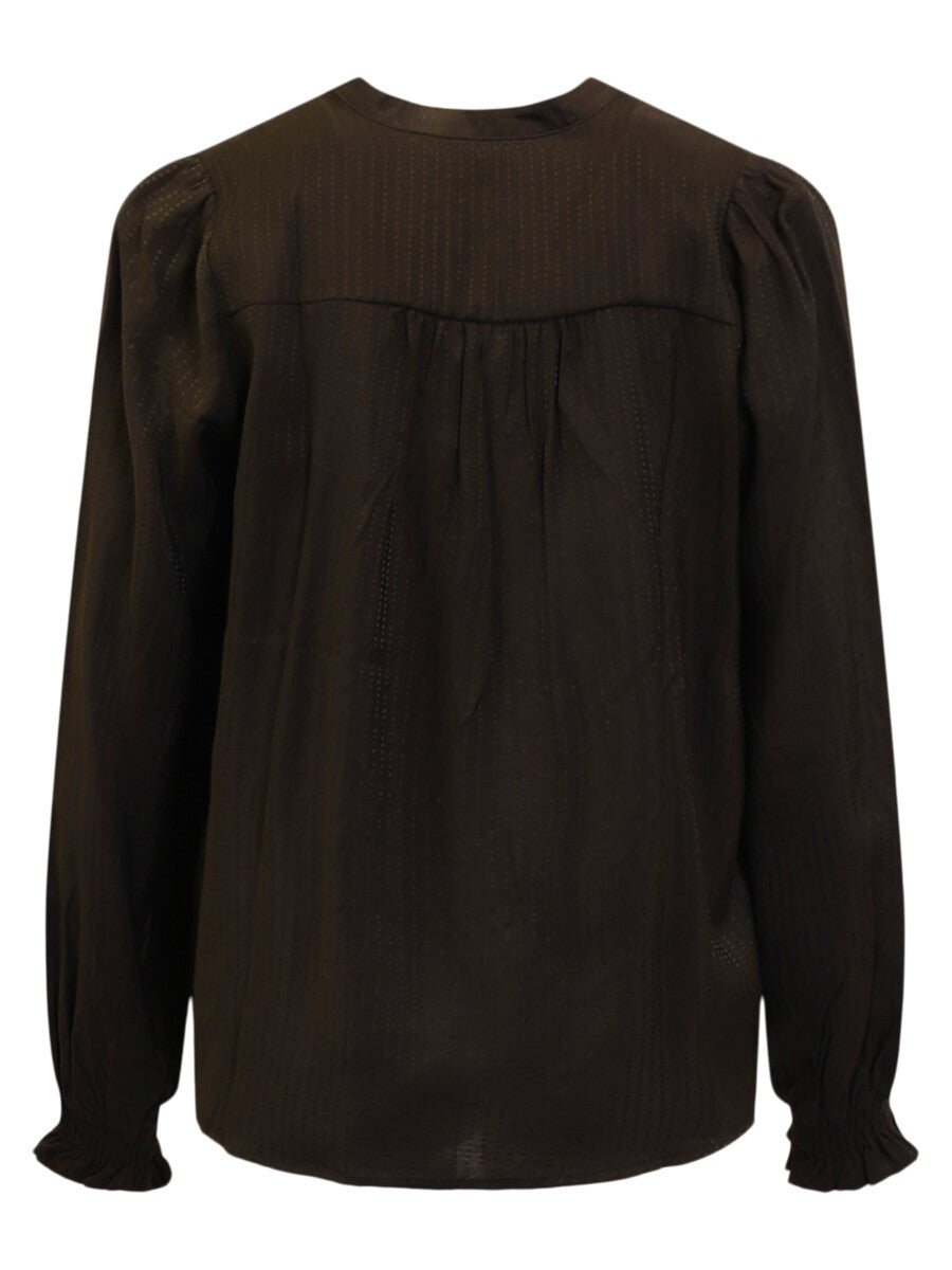 A dark brown long-sleeve blouse with a gathered, pleated bodice and ruffled cuffs, shown against a plain white background.