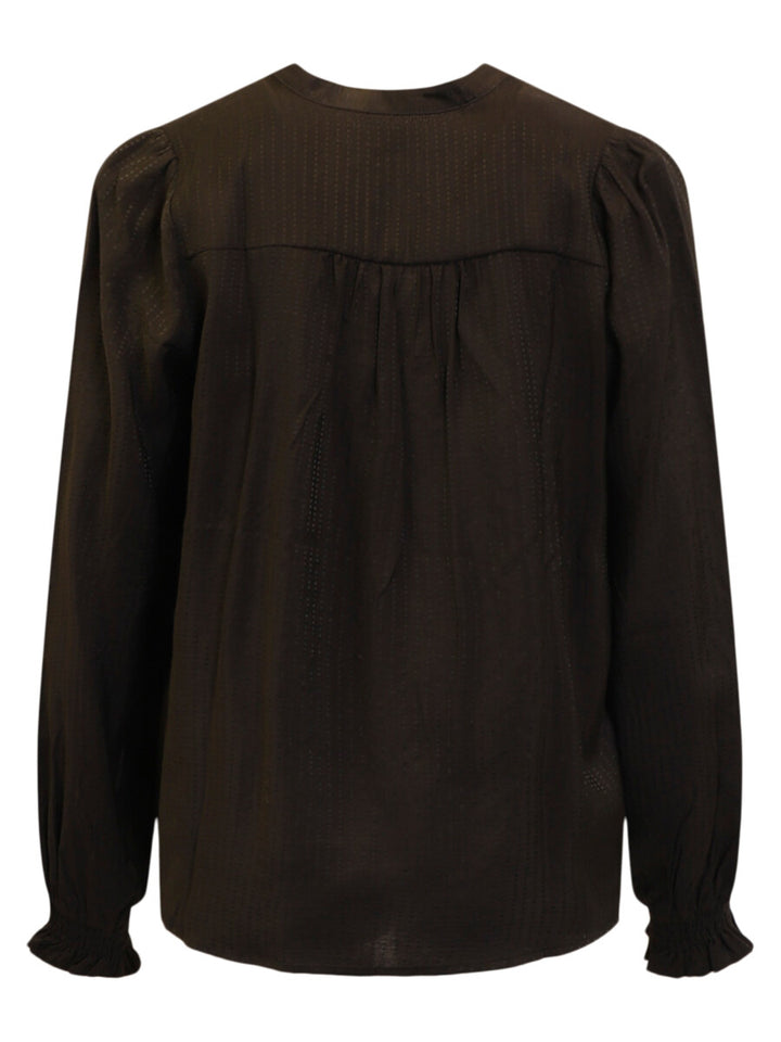 A dark brown long-sleeve blouse with a gathered, pleated bodice and ruffled cuffs, shown against a plain white background.
