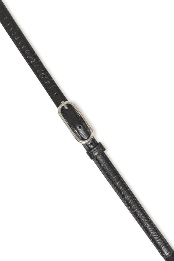 Black leather belt with silver buckle on a white background